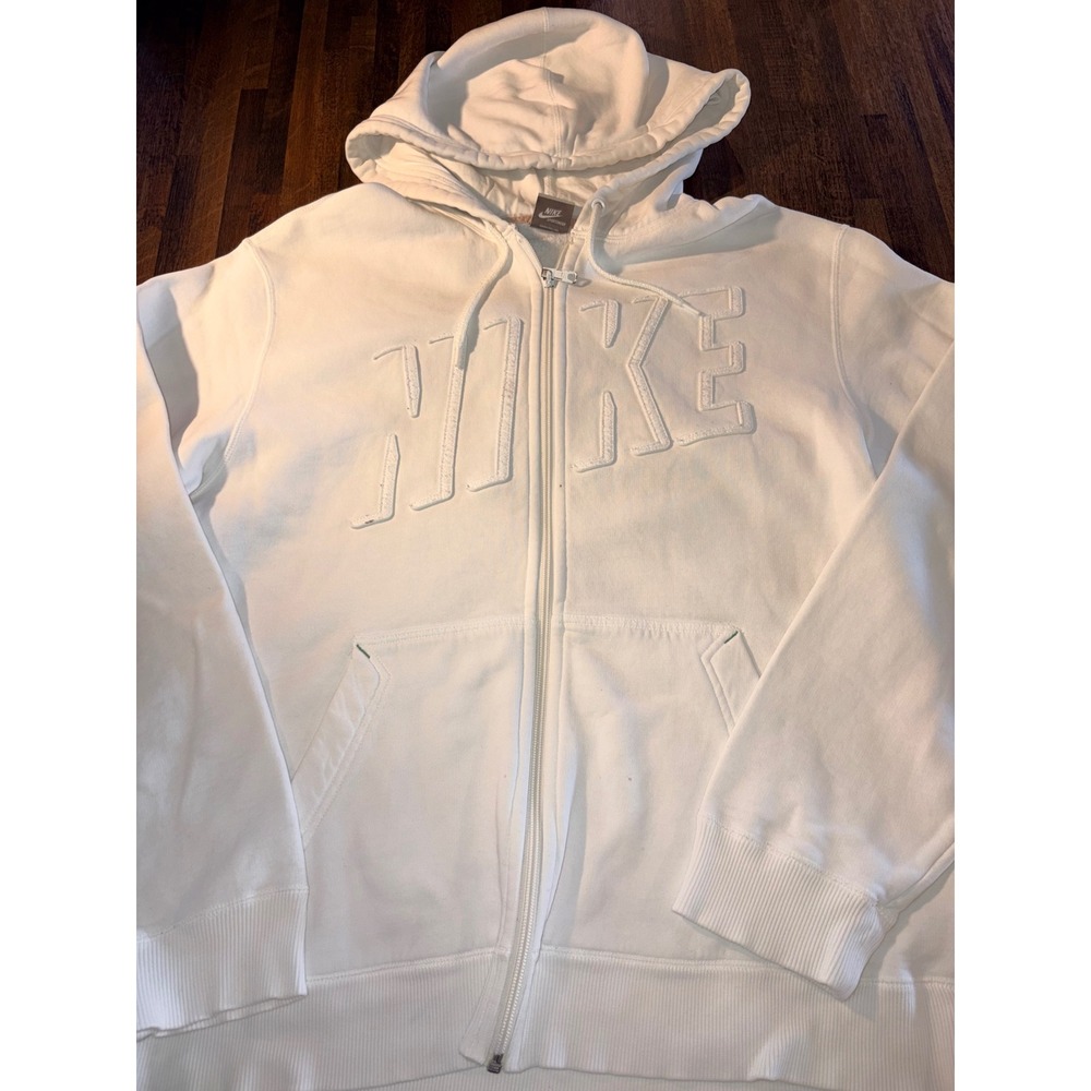 Nike Sportswear Mens Full Zip Hoodie White Tonal Spellout Logo Fleece Large SPOT